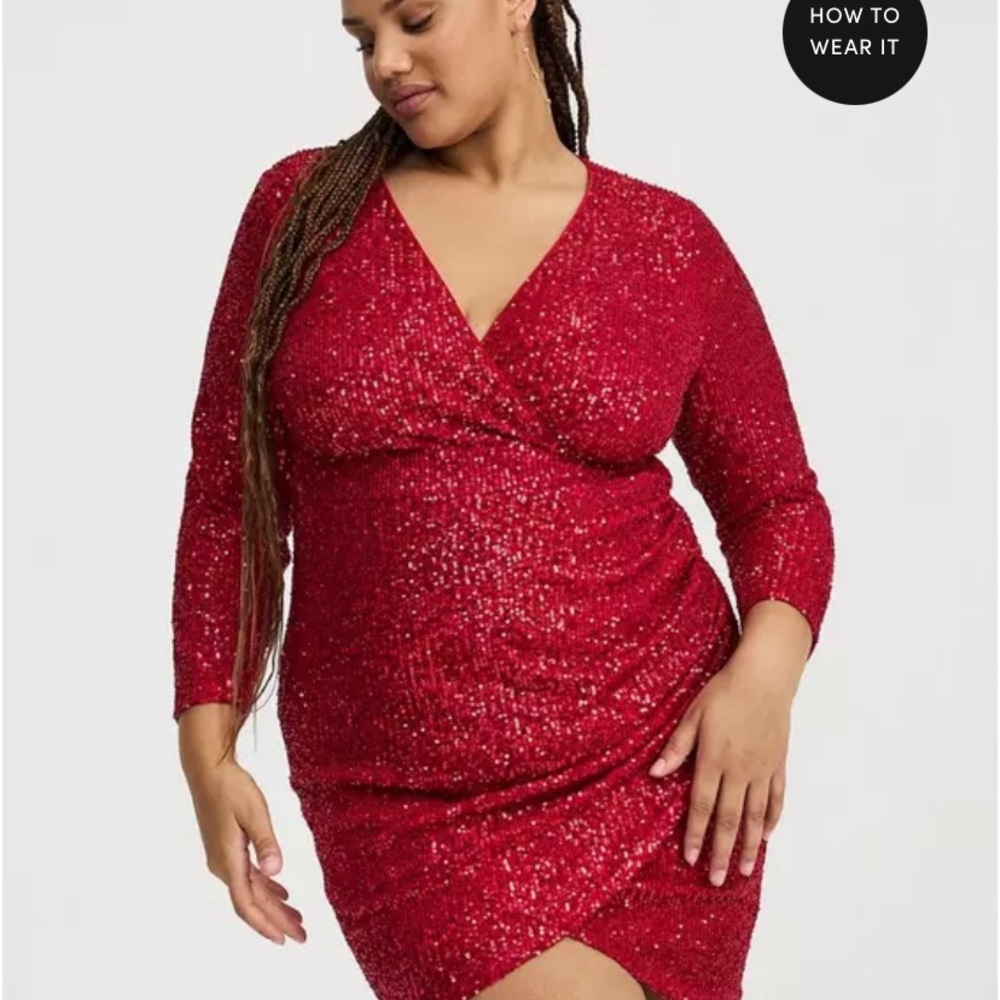 Torrid Size 3 Glittering Red Long Sleeve Faux Wrap Dress